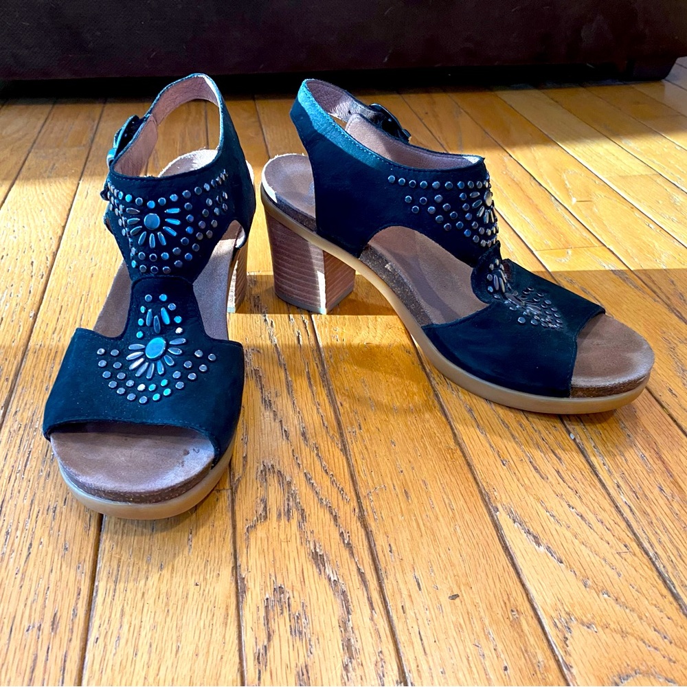 Dansko black suede studded open toe shoe